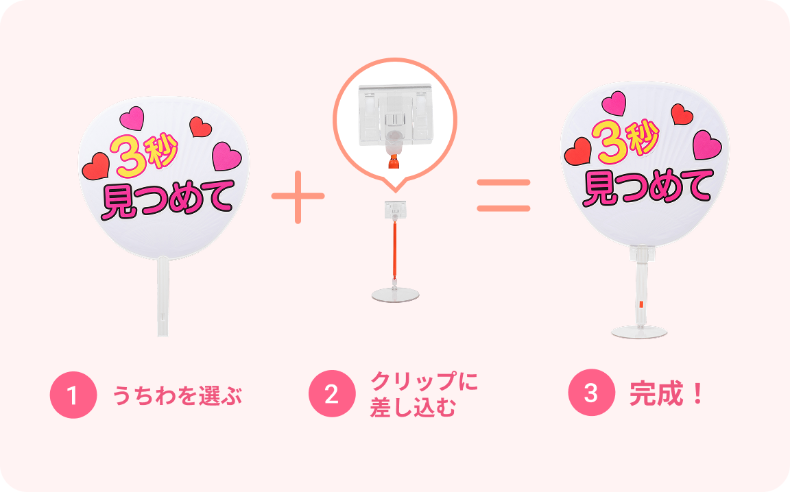 ①うちわを選ぶ ②クリップに差し込む ③完成！